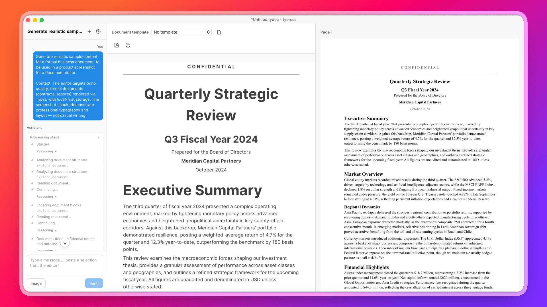 Typress desktop editor showing AI writing and print-ready document layout